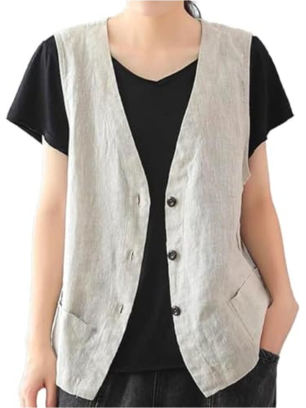 Women's Cotton Linen Vest Sleeveless Blazer Cardigan Lightweight Waistcoat